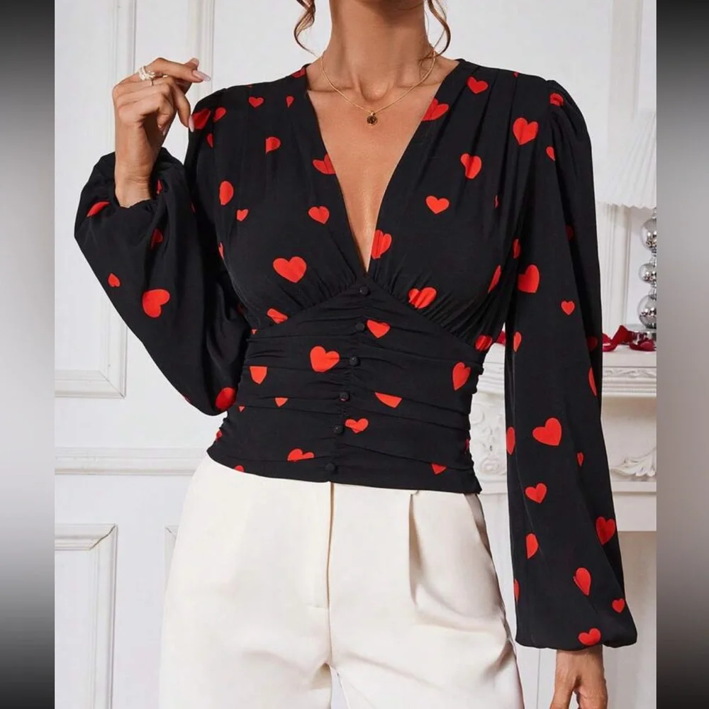 Plunge V-Neck Pleated Smocked Waist Button Lantern Sleeve Top Blouse Black - Picture 6 of 11